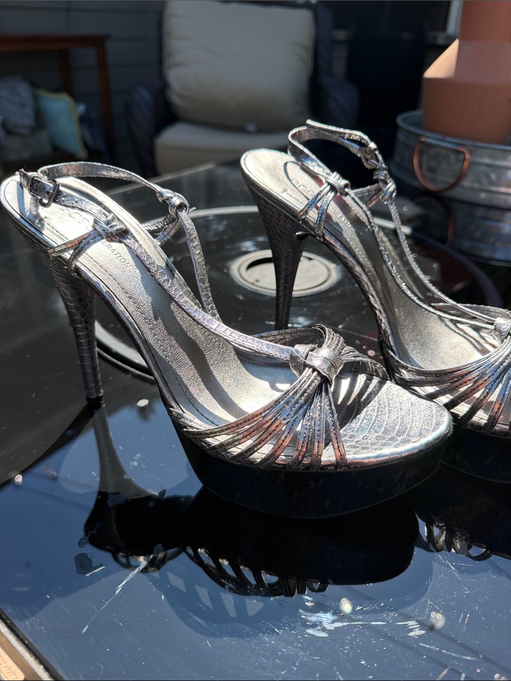 BCBGeneration Silver Metallic Strappy High Heels